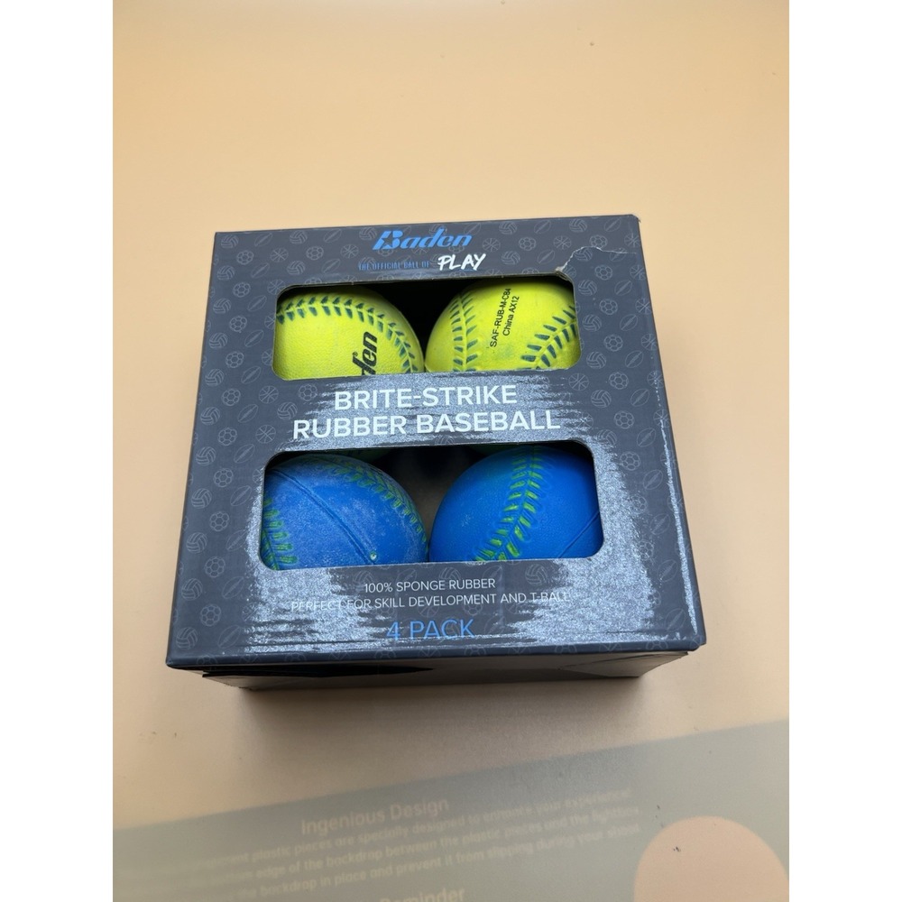 Baden Brite-Strike Rubber Baseball 4 Pack Neon Yellow Blue T-Ball Training Balls